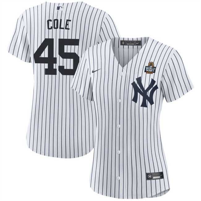 Womens New York Yankees #45 Gerrit Cole White 2024 World Series With Name Cool Base Stitched Jersey Dzhi